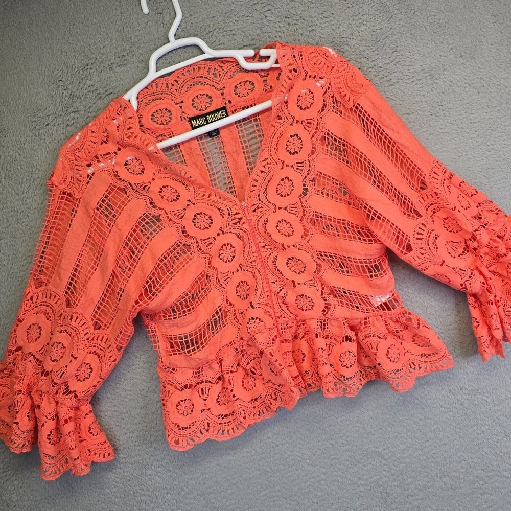 Marc Bouwer Lace Top‎ Womens L Orange Cottagecore Boho Chic Peplum Zip Jacket
